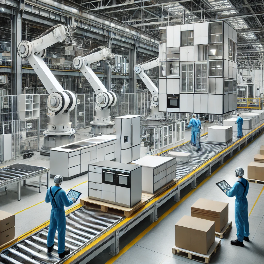 DALL·E 2025-03-22 13.15.50 - A cutting-edge manufacturing unit in the present day producing modular kitchens, wardrobes, and retail fixtures. The factory is modern and well-organi