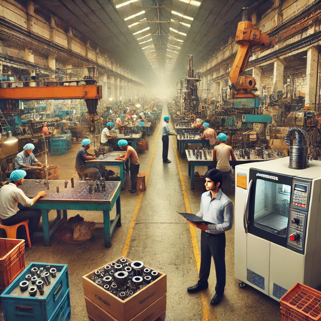 DALL·E 2025-03-22 13.18.46 - A mid-sized factory floor in India during the early 2000s. The factory has upgraded machinery with some automation, workers operating CNC machines, an
