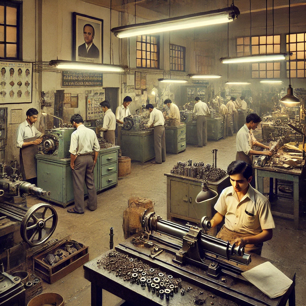 DALL·E 2025-03-22 13.21.38 - A small industrial workshop in India during the late 1970s. The workshop is clean and well-organized, with skilled workers operating lathe machines an